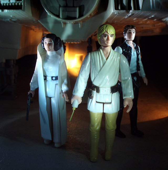 Exit the Falcon. (Vintage Princess Leia Organa, Vintage Luke Skywalker, Vintage Han Solo, Vintage Millennium Falcon)